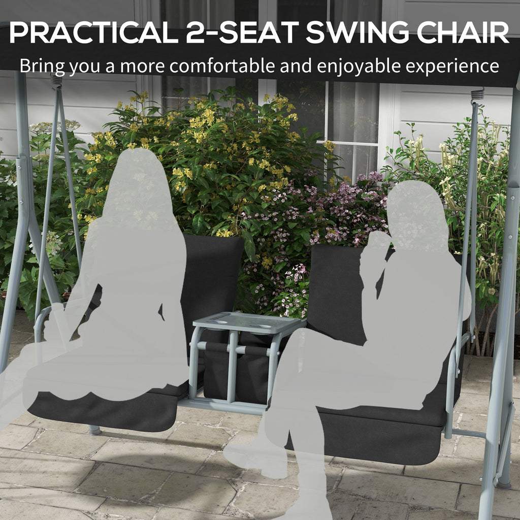 2 Person Porch Swing with Adjustable Canopy, Table and Storage Bag, Black