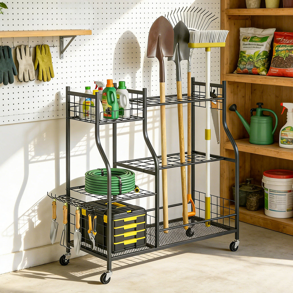 Garden Tool Organizer with 74 Slots, 4 Wheels and 11 Hooks, Black