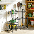 Garden Tool Organizer with 74 Slots, 4 Wheels and 11 Hooks, Black