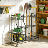 Garden Tool Organizer with 74 Slots, 4 Wheels and 11 Hooks, Black