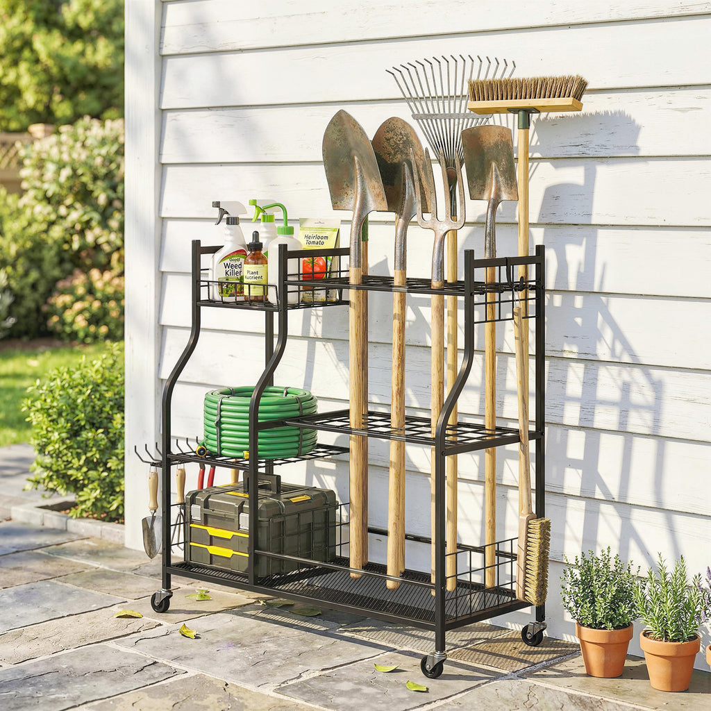 Garden Tool Organizer with 74 Slots, 4 Wheels and 11 Hooks, Black