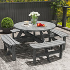 Wooden Patio Dining Set for 8 with Round Table and 4 Benches, Grey