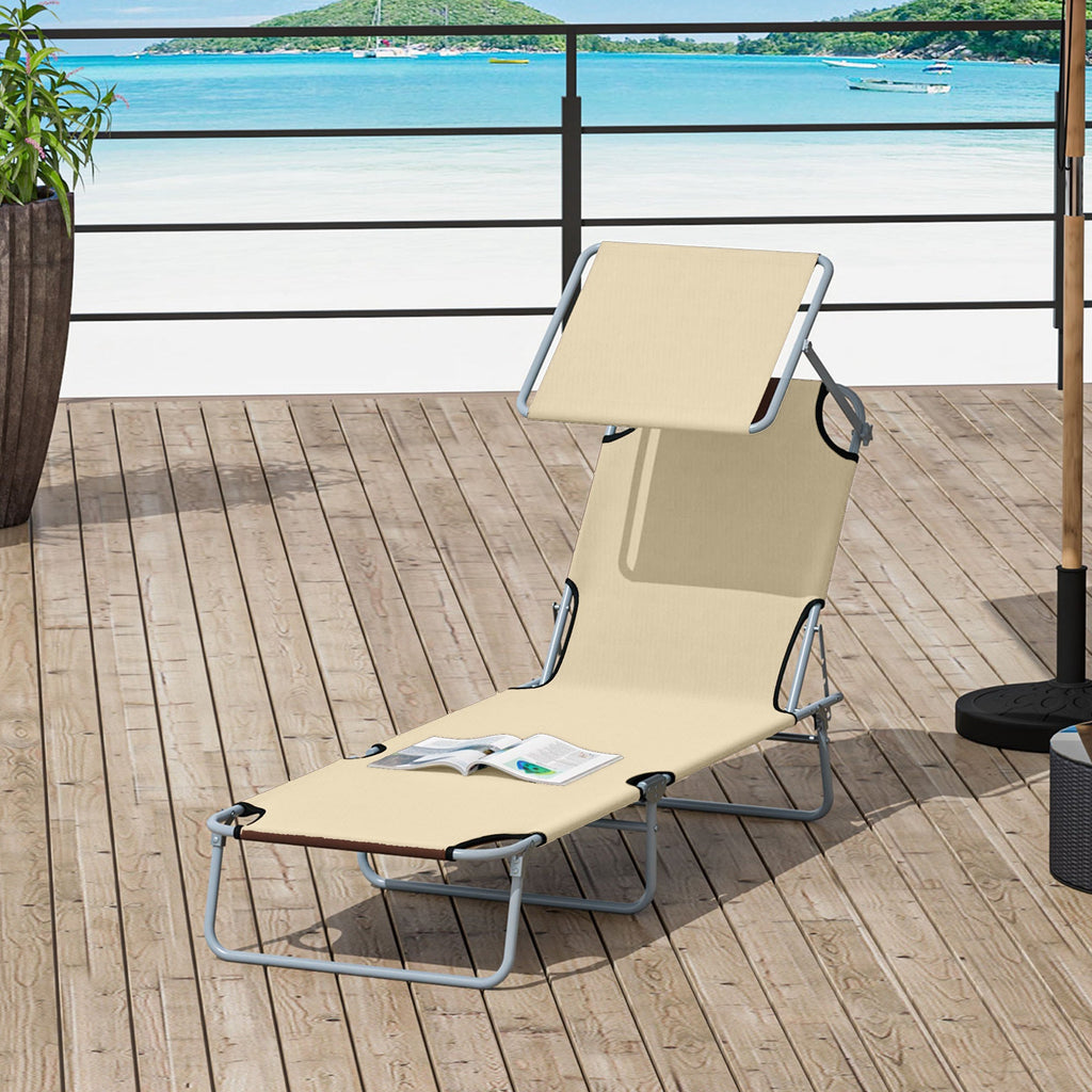 Adjustable Folding Lounge Chair with Sun Shade, Beige
