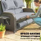 Rattan Patio Daybed with Storage Ottoman and Adjustable Backrest, Gray