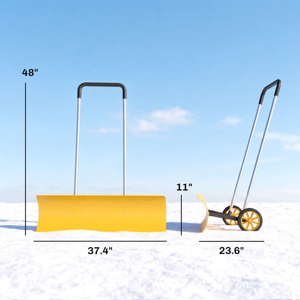 37" Extra-Wide Aluminum Snow Pusher with Wheels and Ergonomic Handle, Yellow
