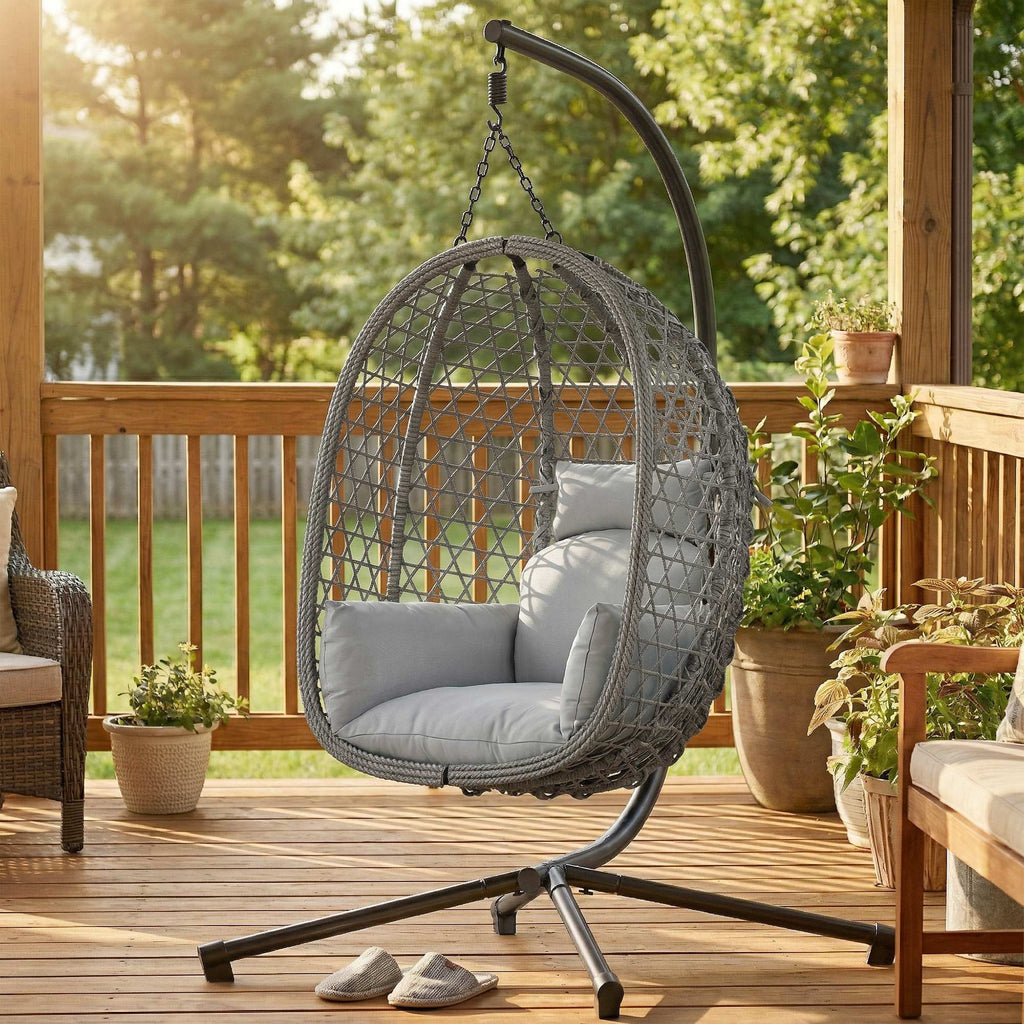 Hanging Egg Chair, Rattan with Stand, Safety Strap & Foldable Basket, Dark Grey
