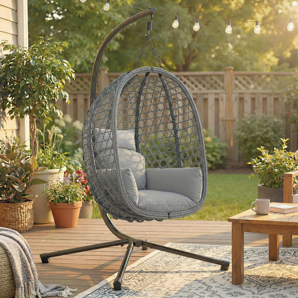 Hanging Egg Chair, Rattan with Stand, Safety Strap & Foldable Basket, Dark Grey