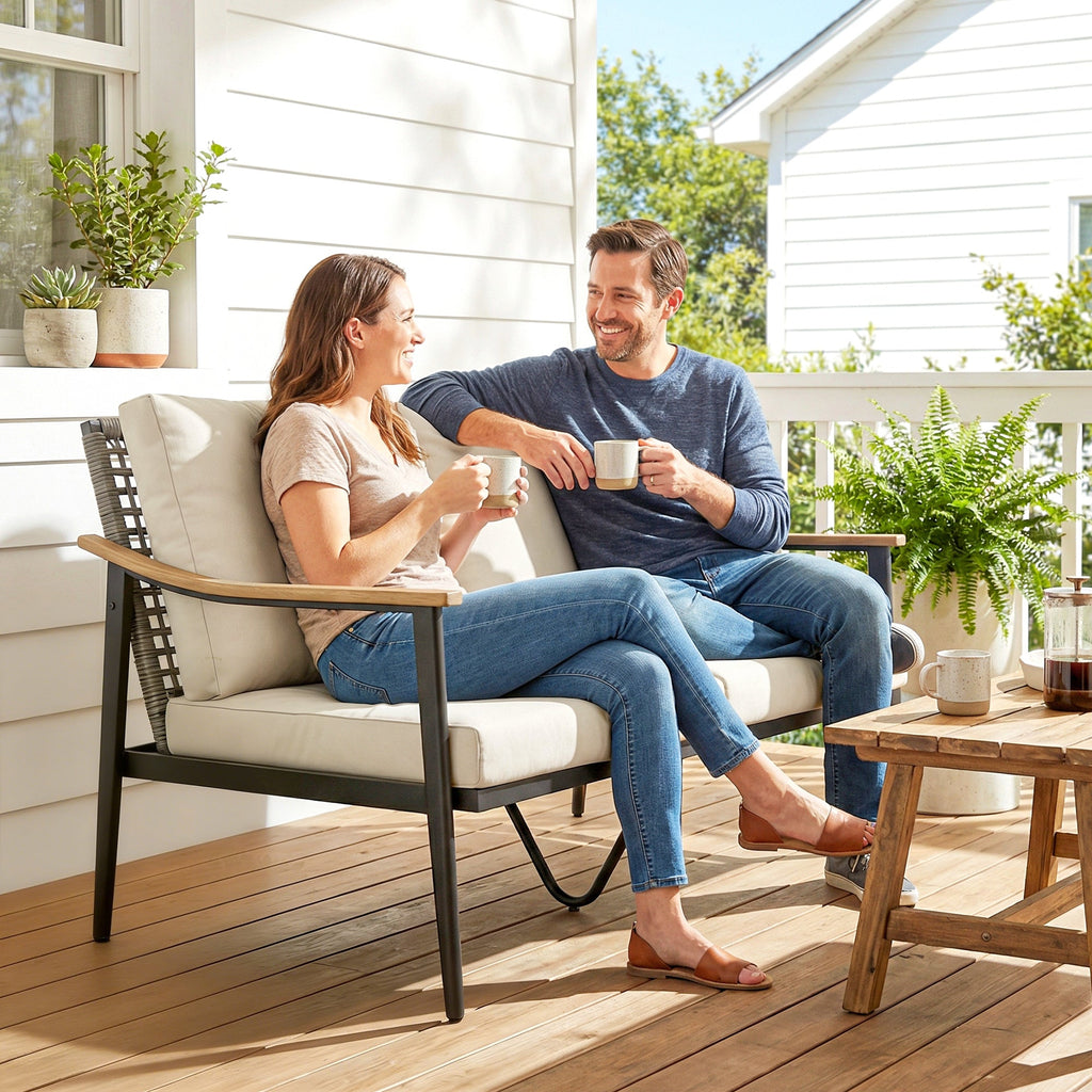 2 Seater Rattan Sofa with Wood-Effect Armrests, Khaki