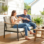 2 Seater Rattan Sofa with Wood-Effect Armrests, Khaki