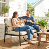 2 Seater Rattan Sofa with Wood-Effect Armrests, Khaki