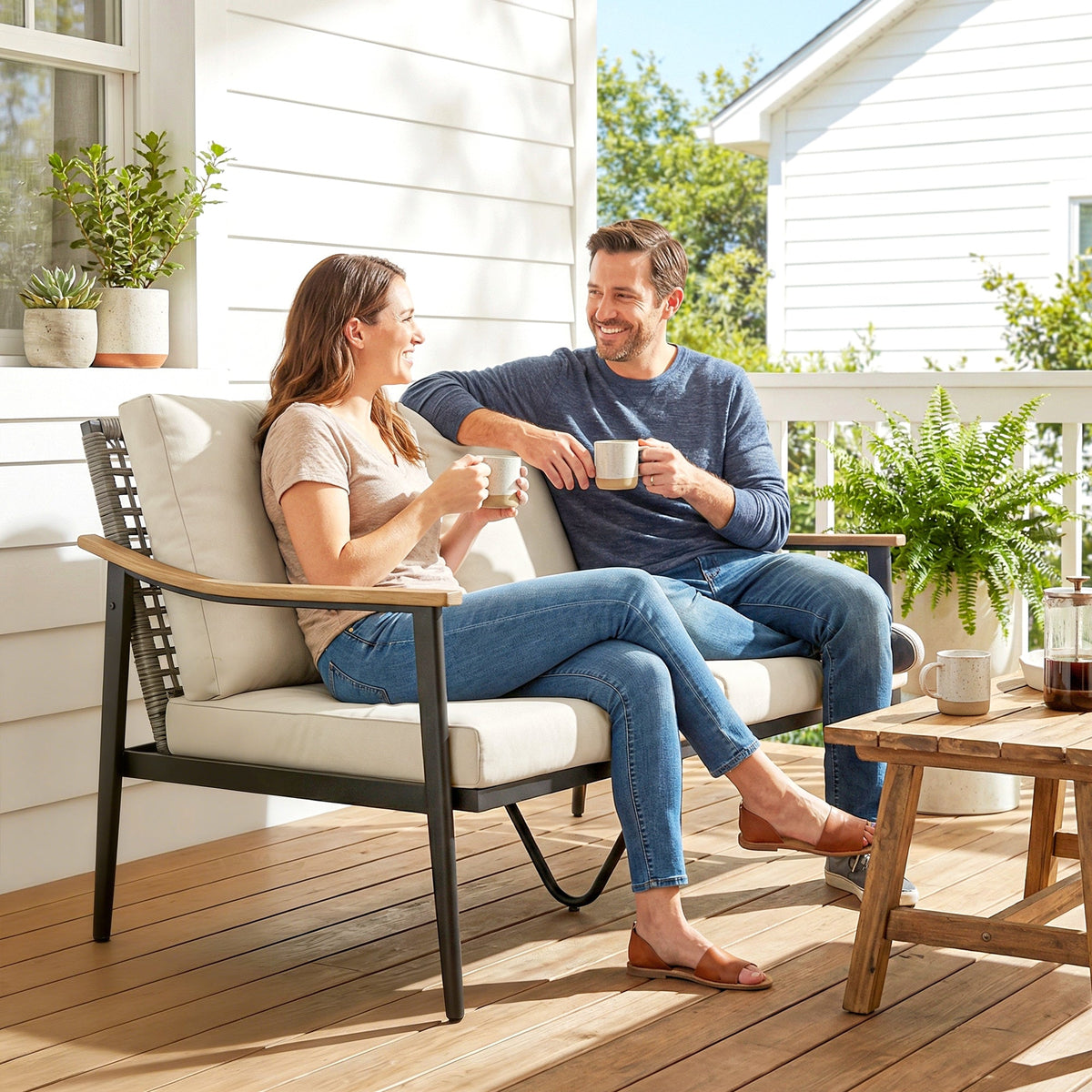 2 Seater Rattan Sofa with Wood-Effect Armrests, Khaki