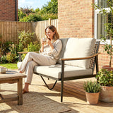 2 Seater Rattan Sofa with Wood-Effect Armrests, Khaki