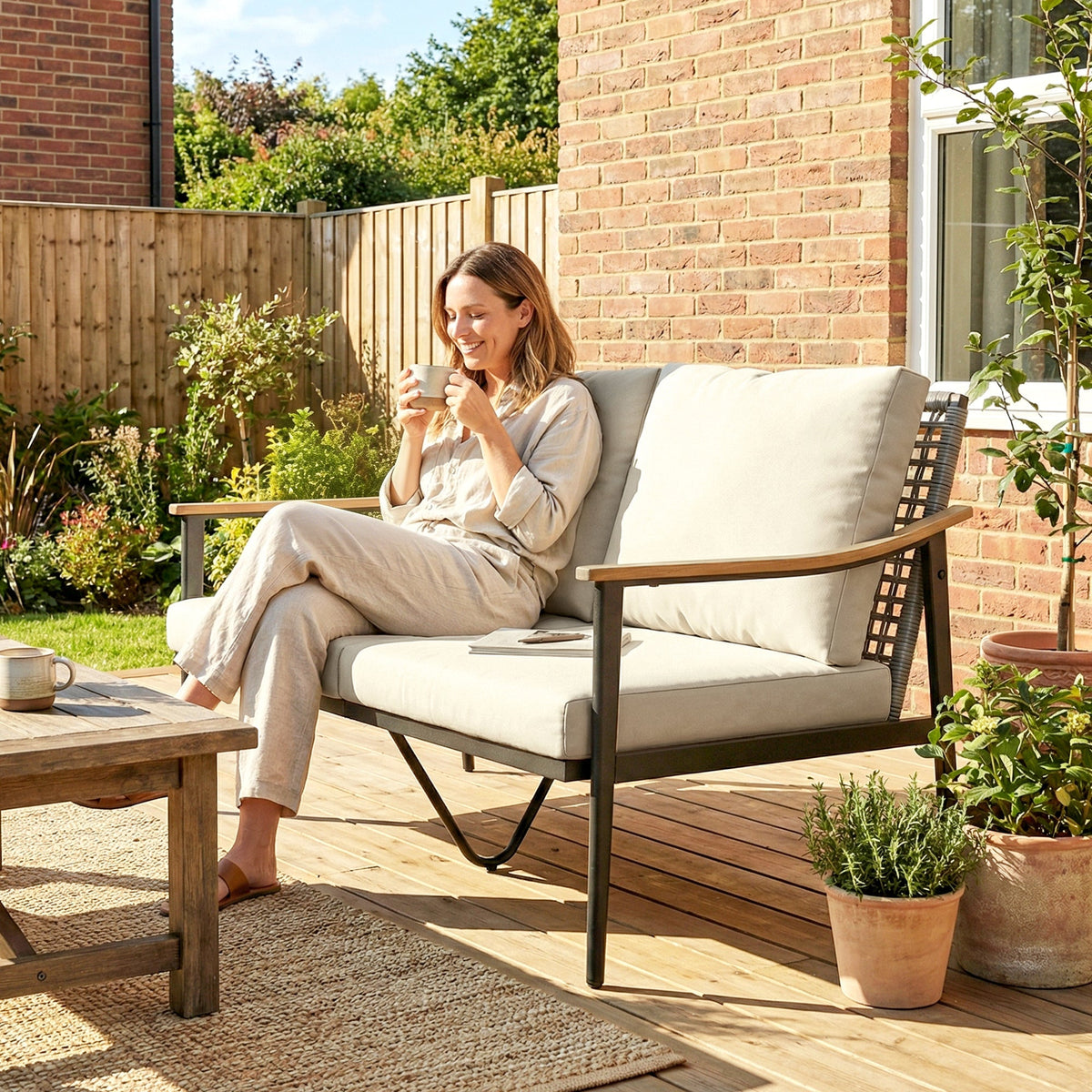 2 Seater Rattan Sofa with Wood-Effect Armrests, Khaki