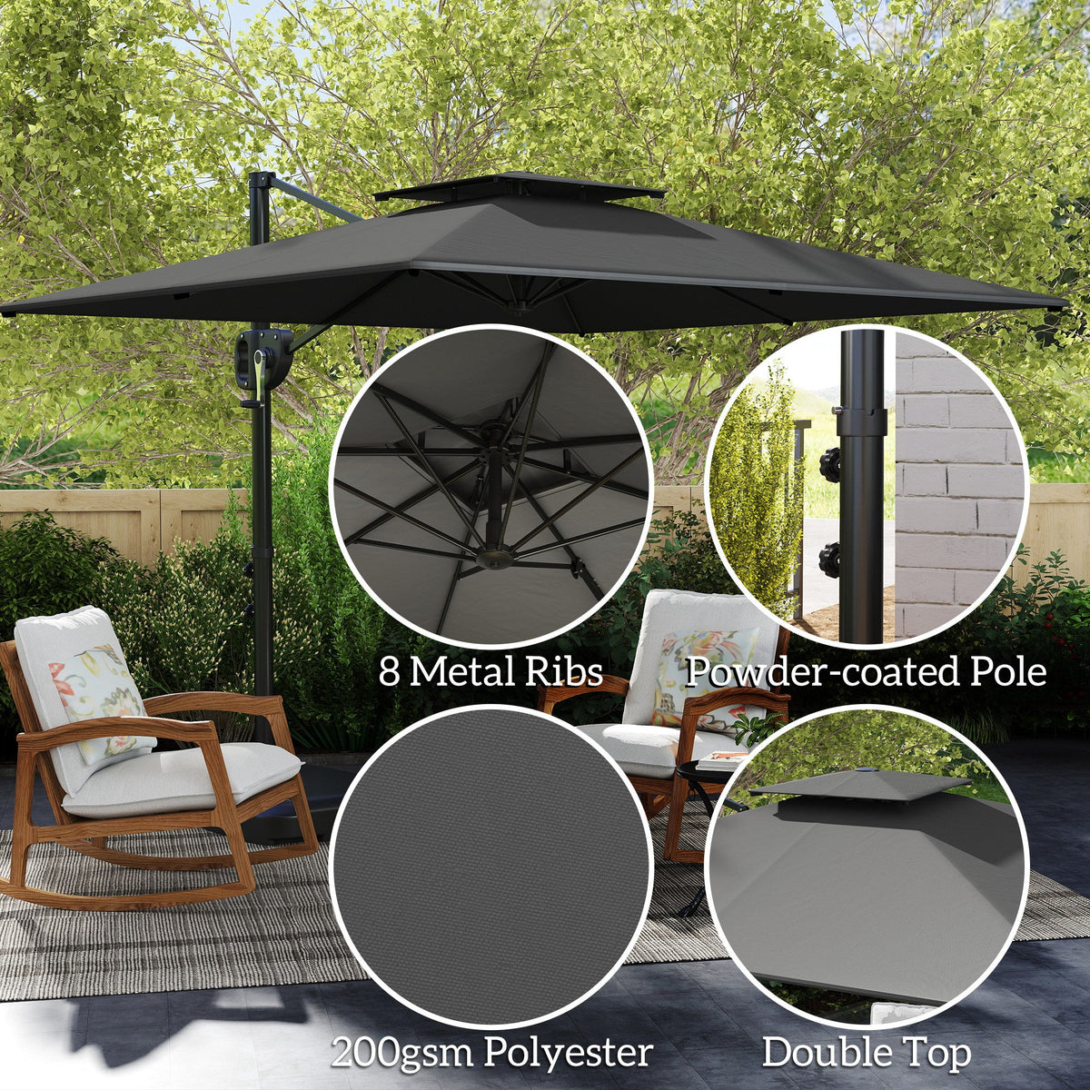 8' x 9' Square Cantilever Patio Umbrella with Fillable Base, Dark Grey