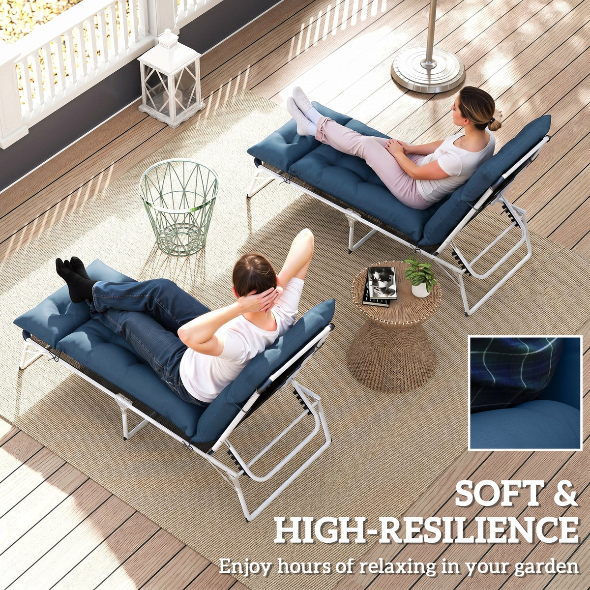 190x56x10cm Sun Lounger Cushions Set of 2 with 6 Ties, Thick 220gsm, Navy Blue