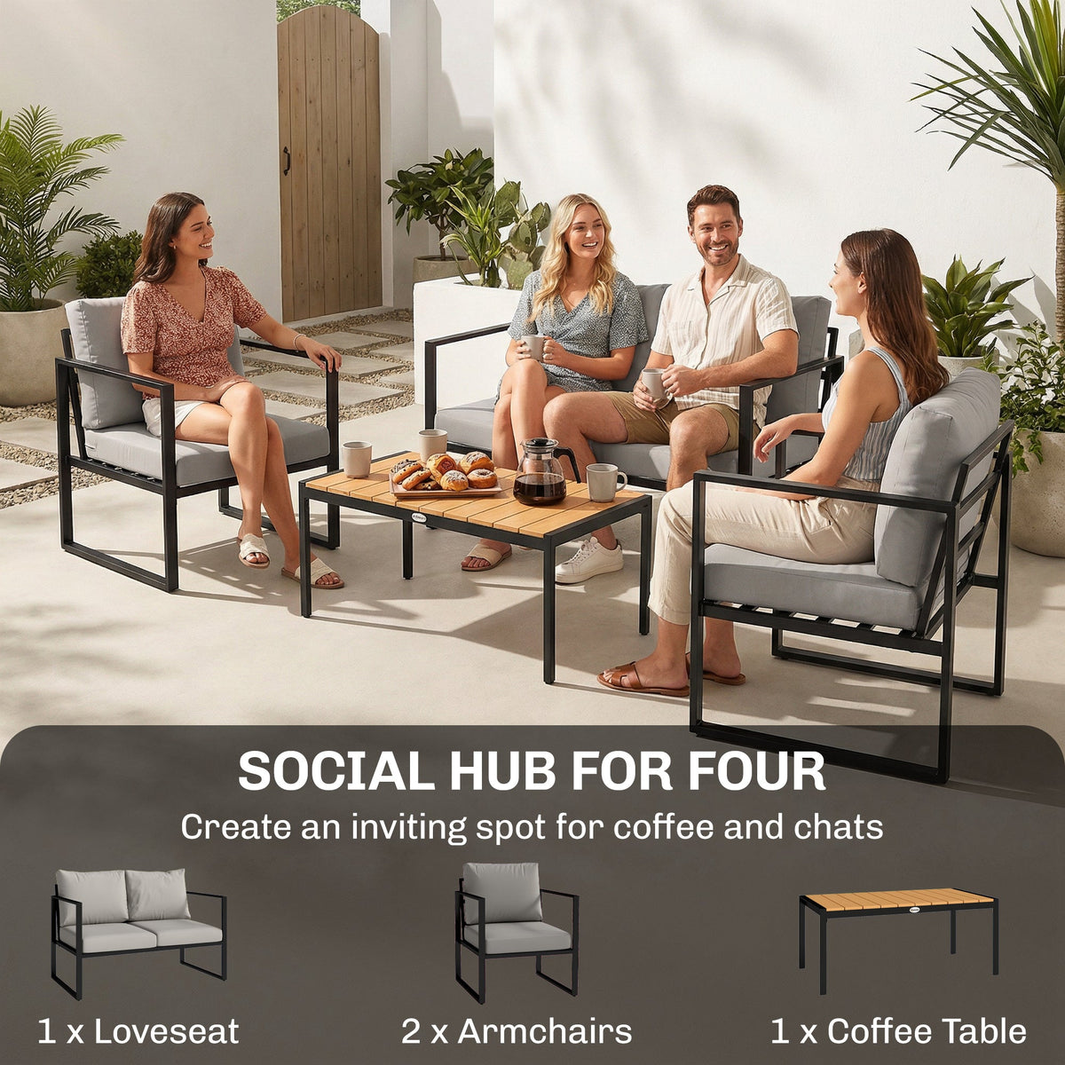 4 Piece Garden Furniture Set with Loveseat, Armchairs and Slatted Table, Grey