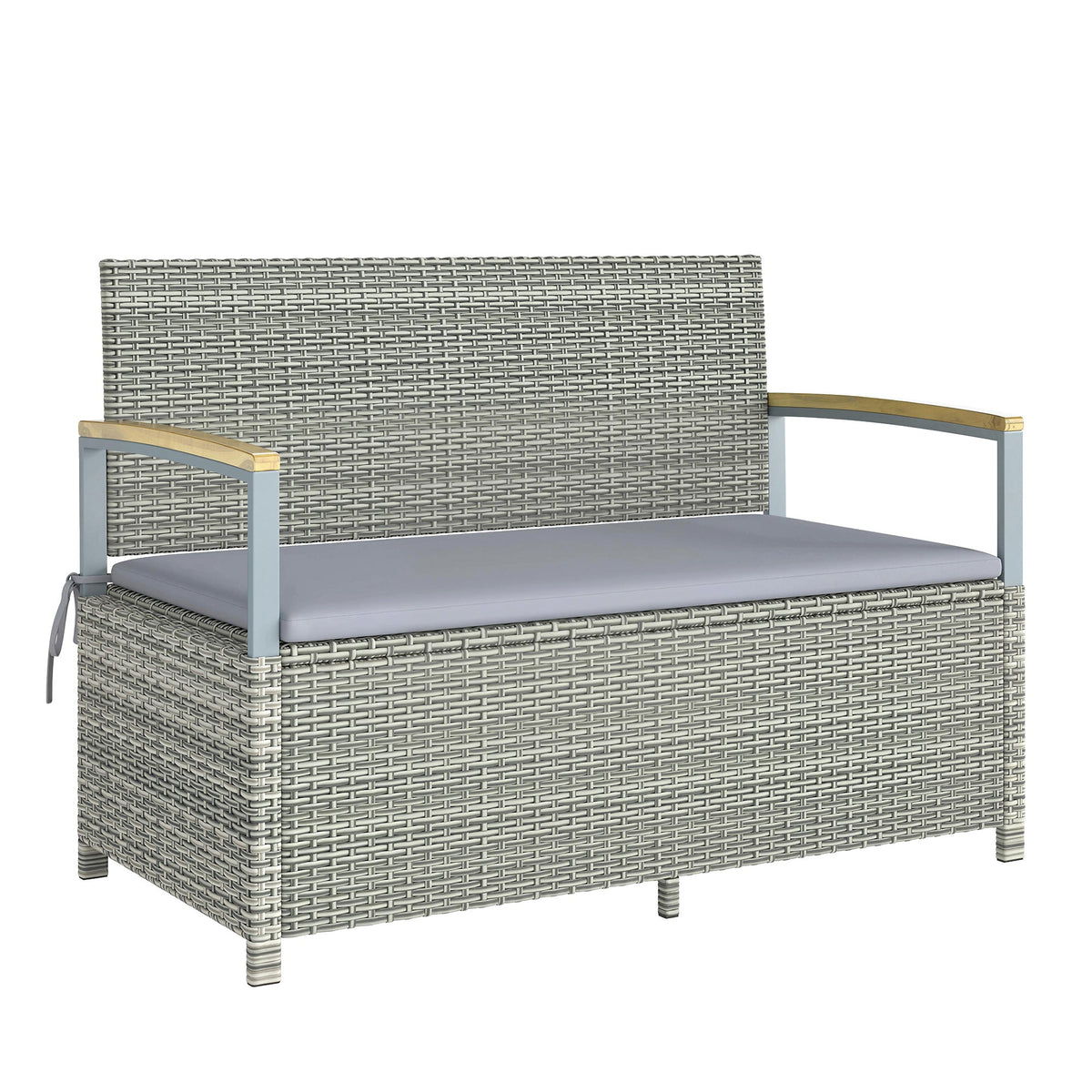 144L 2-Seater Rattan Storage Bench with Acacia Armrests & Gas Strut, Light Grey