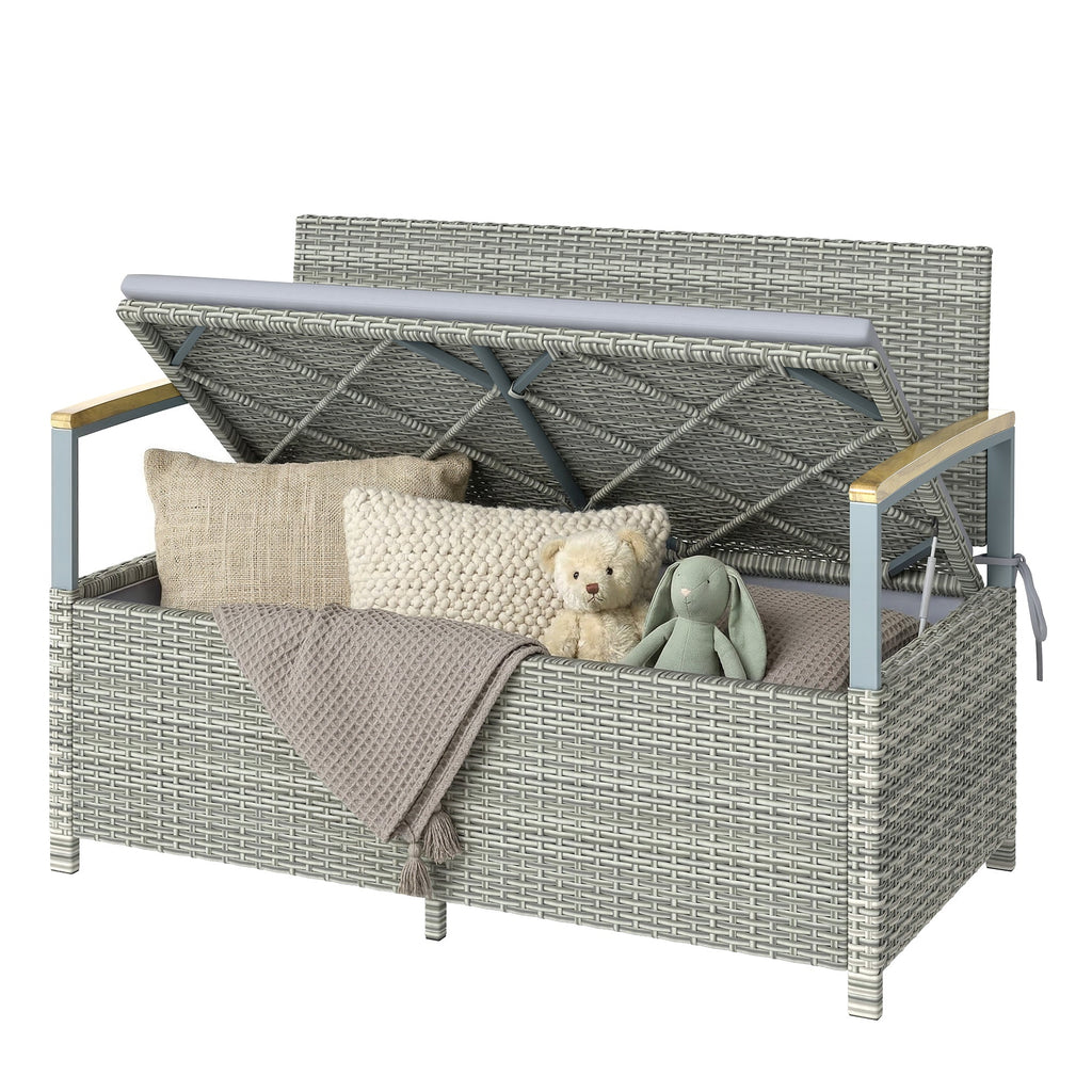 144L 2-Seater Rattan Storage Bench with Acacia Armrests & Gas Strut, Light Grey