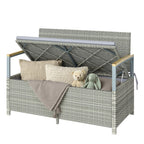 144L 2-Seater Rattan Storage Bench with Acacia Armrests & Gas Strut, Light Grey
