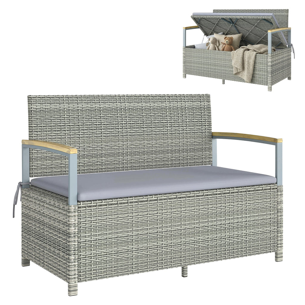 144L 2-Seater Rattan Storage Bench with Acacia Armrests & Gas Strut, Light Grey