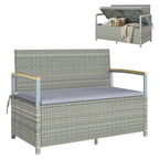 144L 2-Seater Rattan Storage Bench with Acacia Armrests & Gas Strut, Light Grey