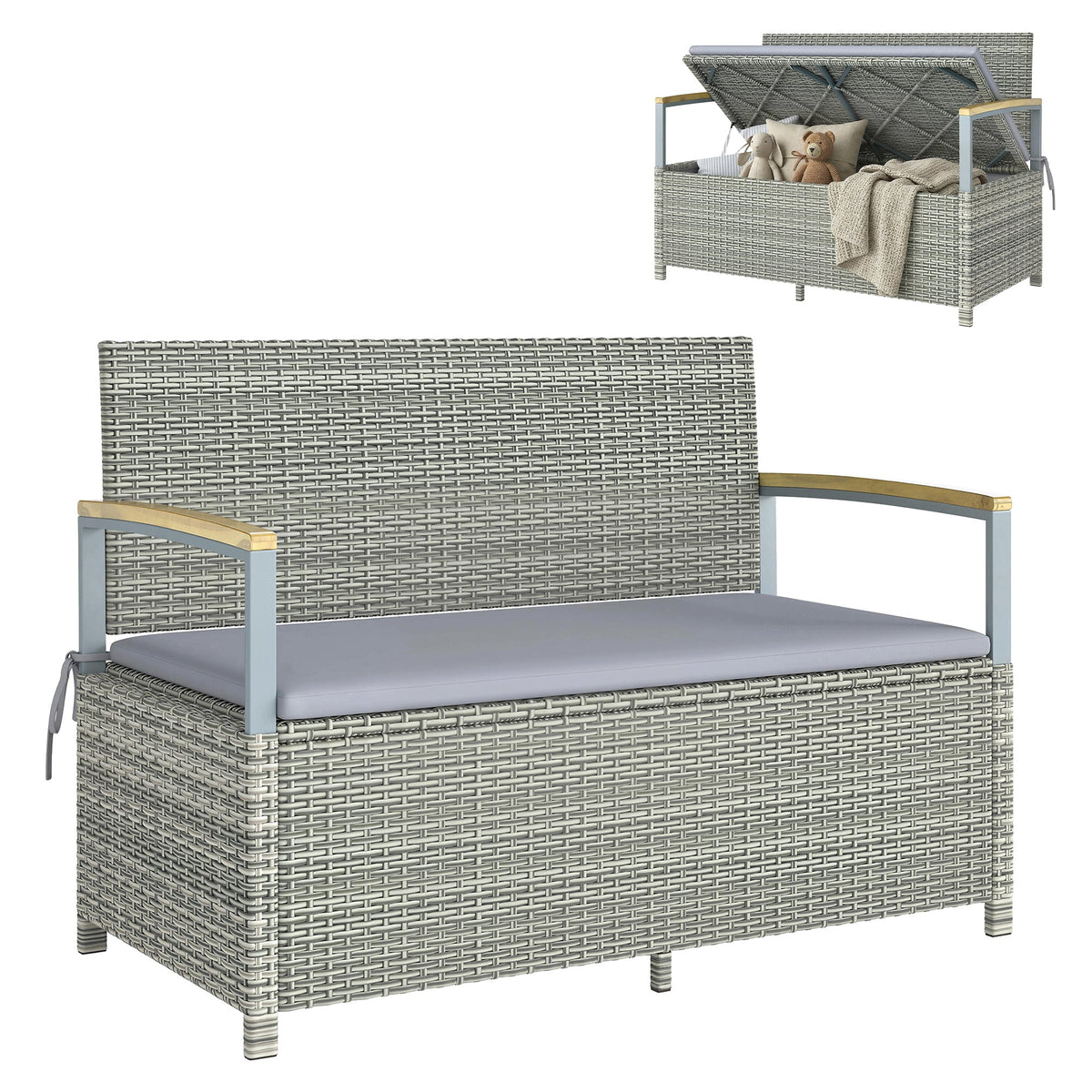 144L 2-Seater Rattan Storage Bench with Acacia Armrests & Gas Strut, Light Grey