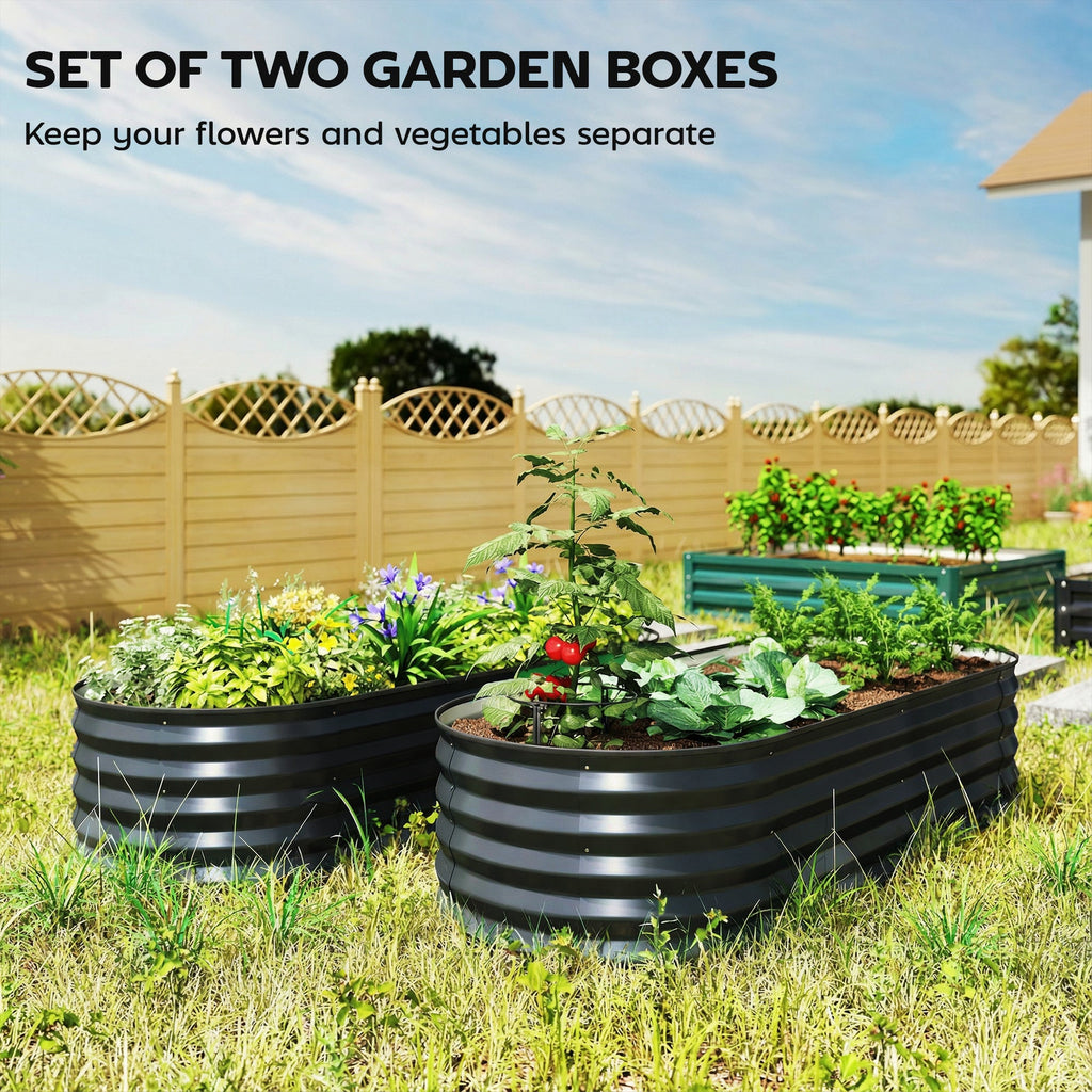Set of 2 Galvanised Raised Beds with Stakes, 150 x 60 x 30 cm, Dark Grey