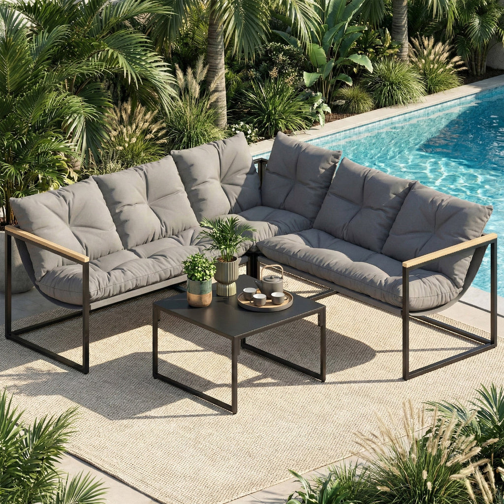 4 Piece Garden Furniture Set with Coffee Table and Thick Cushions, Grey