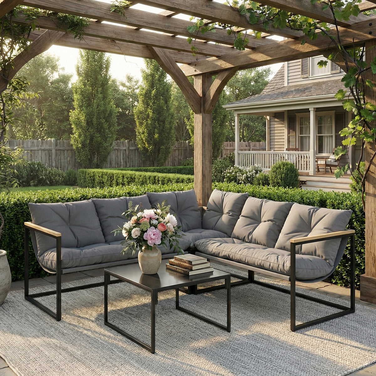4 Piece Garden Furniture Set with Coffee Table and Thick Cushions, Grey