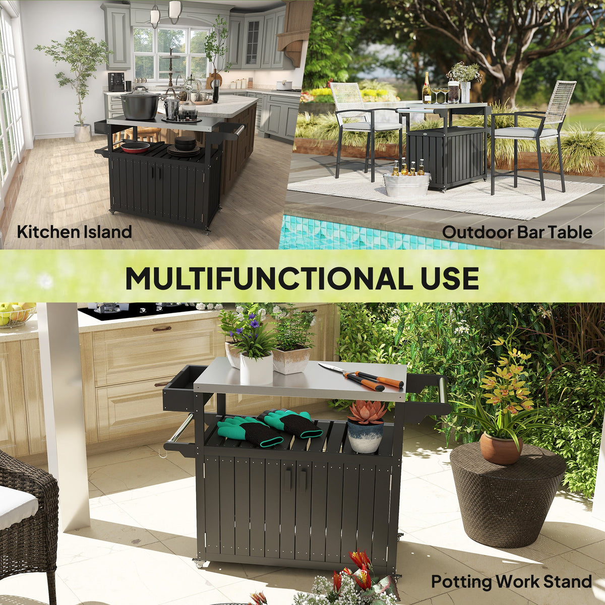Outdoor Bar Cart with Storage Cabinet, Black