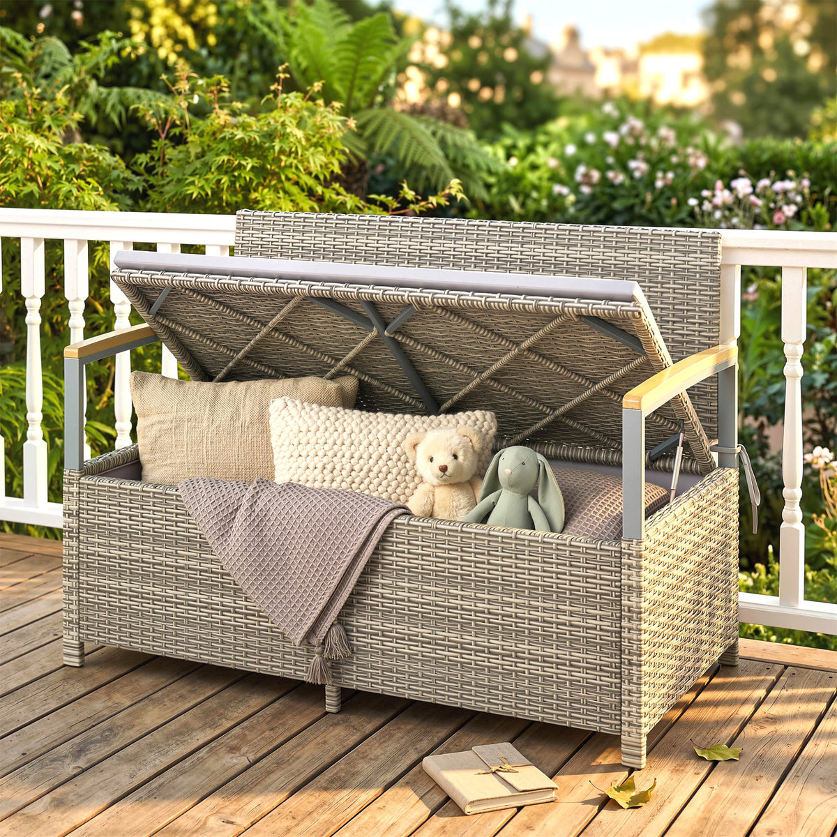 144L 2-Seater Rattan Storage Bench with Acacia Armrests & Gas Strut, Light Grey