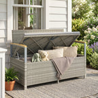 144L 2-Seater Rattan Storage Bench with Acacia Armrests & Gas Strut, Light Grey