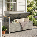 144L 2-Seater Rattan Storage Bench with Acacia Armrests & Gas Strut, Light Grey