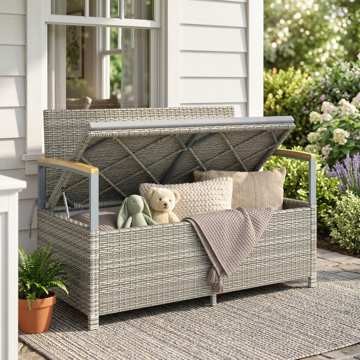 144L 2-Seater Rattan Storage Bench with Acacia Armrests & Gas Strut, Light Grey