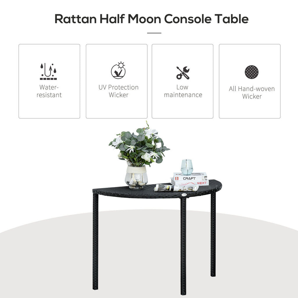 39.4" Half Round PE Rattan Side Table with Metal Frame, Black