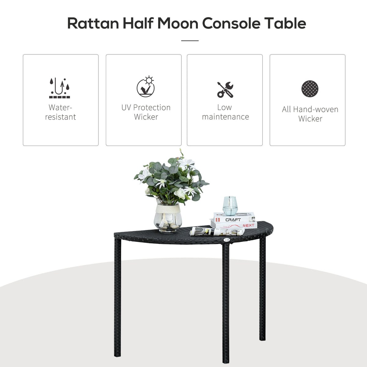 39.4" Half Round PE Rattan Side Table with Metal Frame, Black