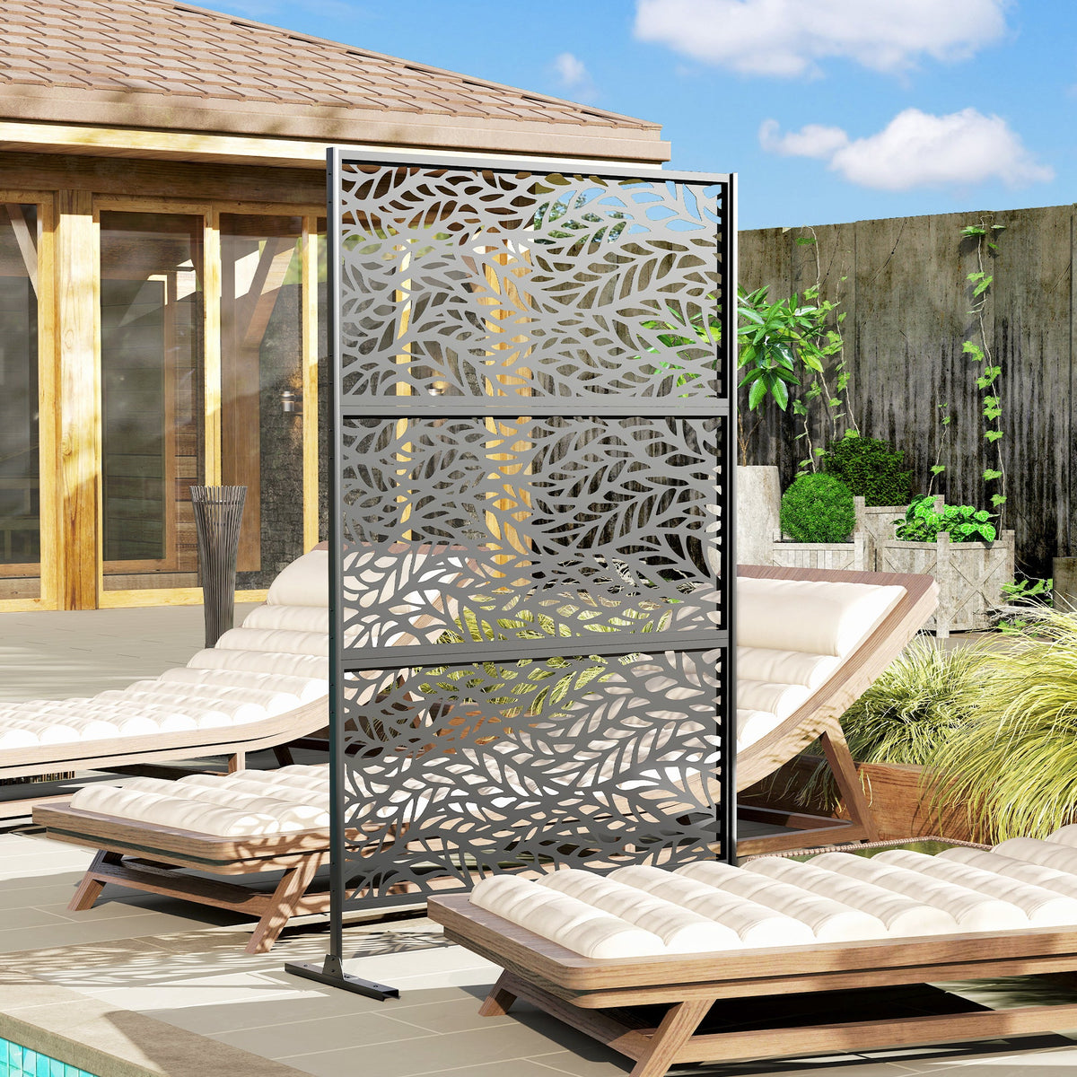 78" x 48" Metal Outdoor Privacy Screen, Willow Branch Design, Black