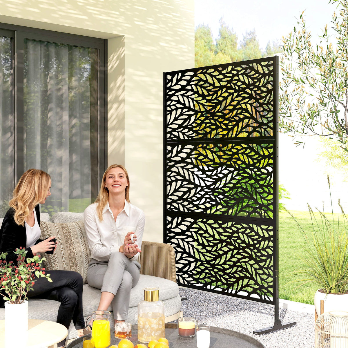 78" x 48" Metal Outdoor Privacy Screen, Willow Branch Design, Black