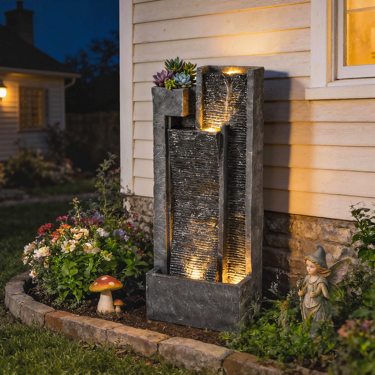 3-Tier Water Feature with LED Lights, Planter and Pump, Dark Grey