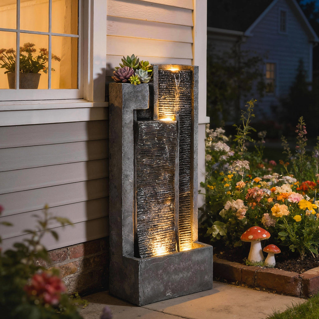 3-Tier Water Feature with LED Lights, Planter and Pump, Dark Grey
