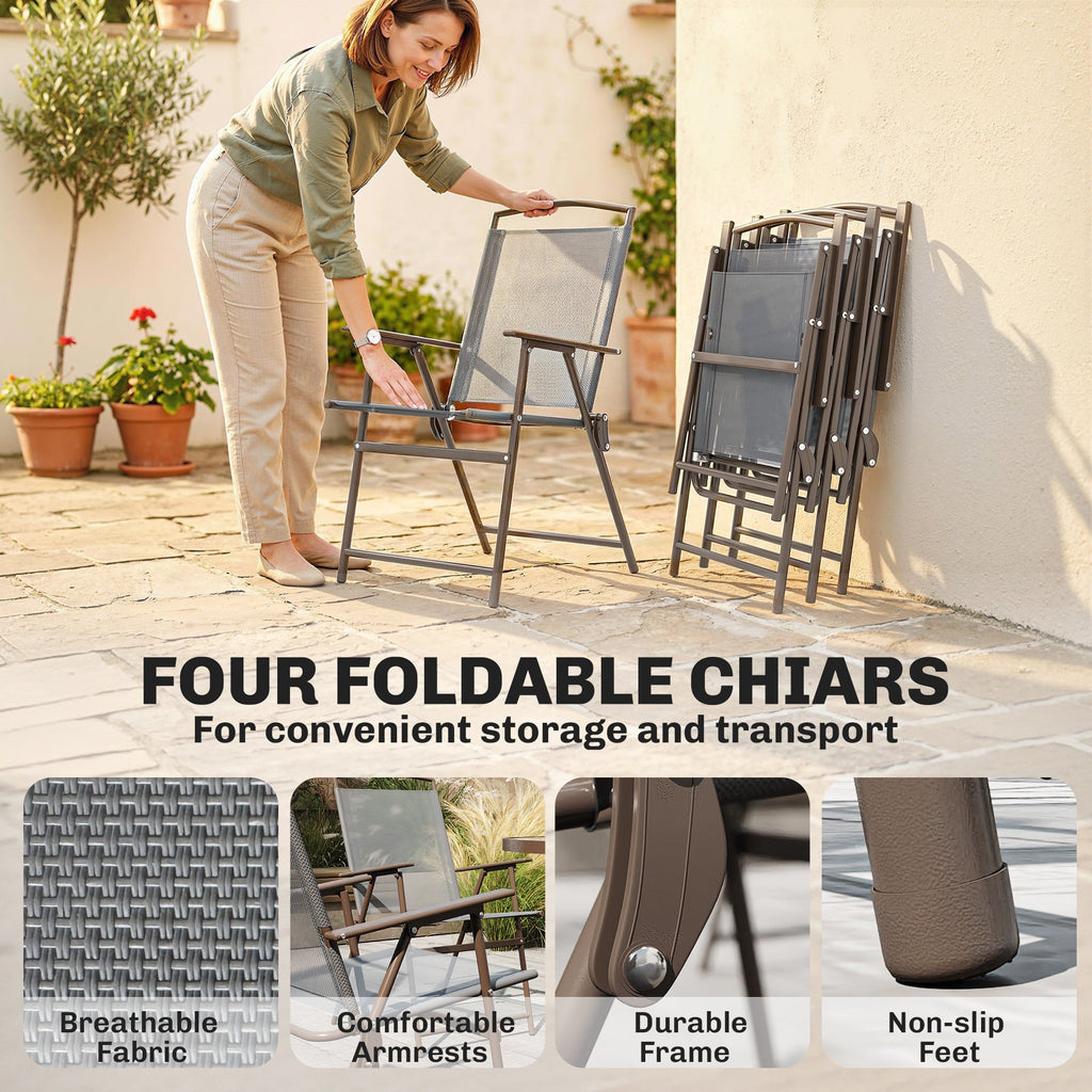 6 Piece Garden Dining Set with Umbrella and Folding Chairs, Dark Grey