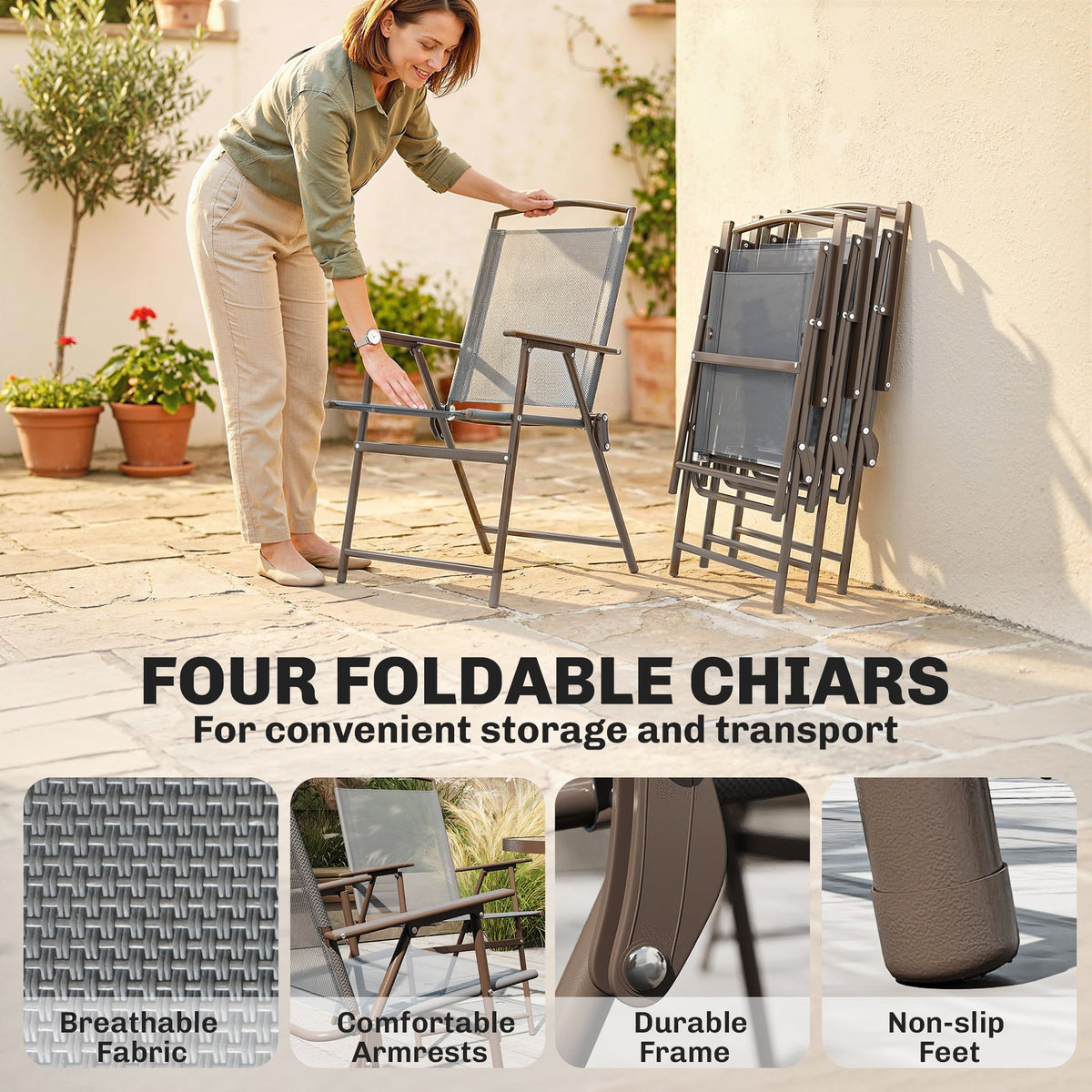 6 Piece Garden Dining Set with Umbrella and Folding Chairs, Dark Grey