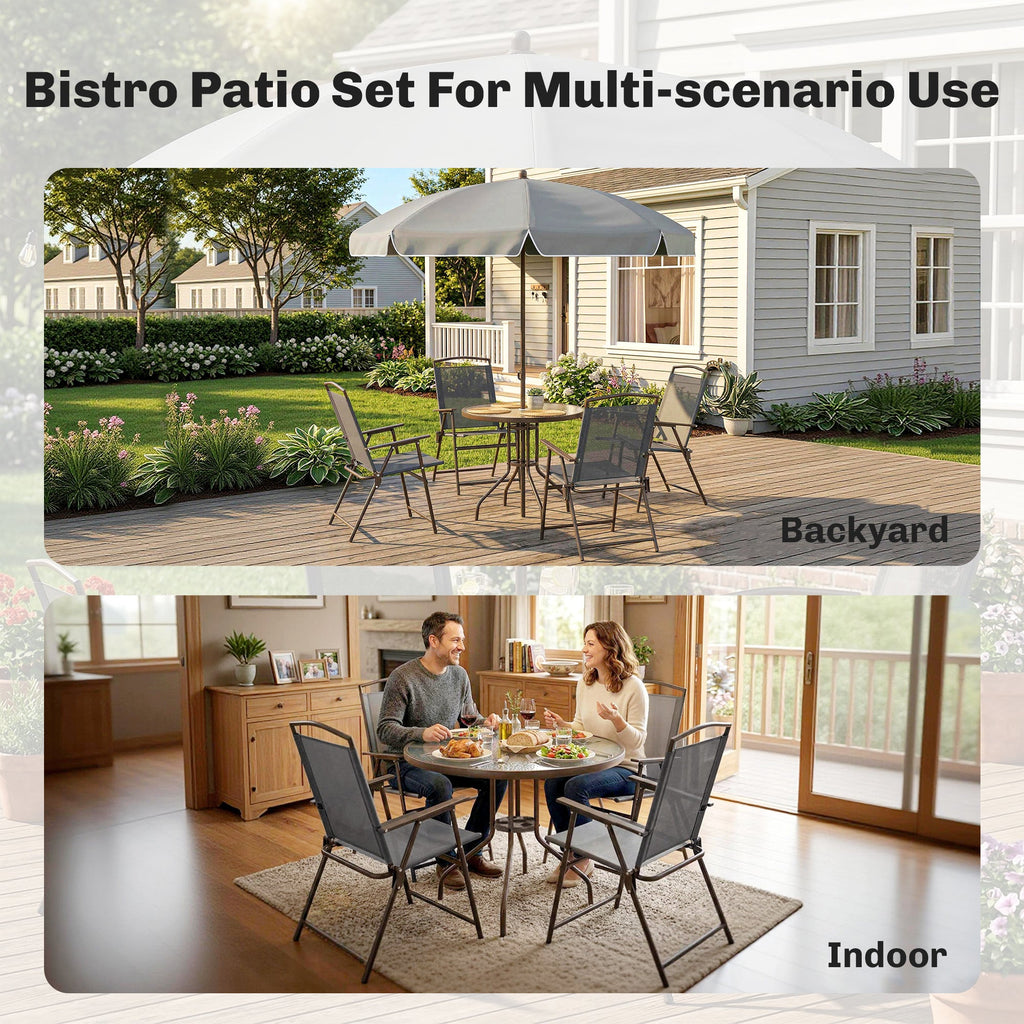 6 Piece Garden Dining Set with Umbrella and Folding Chairs, Dark Grey