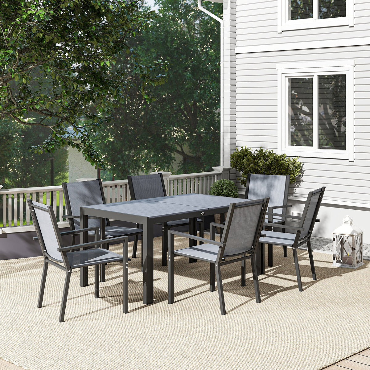 7pc Patio Dining Set with WPC Table and 6 Stackable Chairs, Light Grey