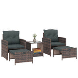 5-Piece Wicker Patio Set with Ottomans and 2-Tier Glass Table, Brown, Dark Grey