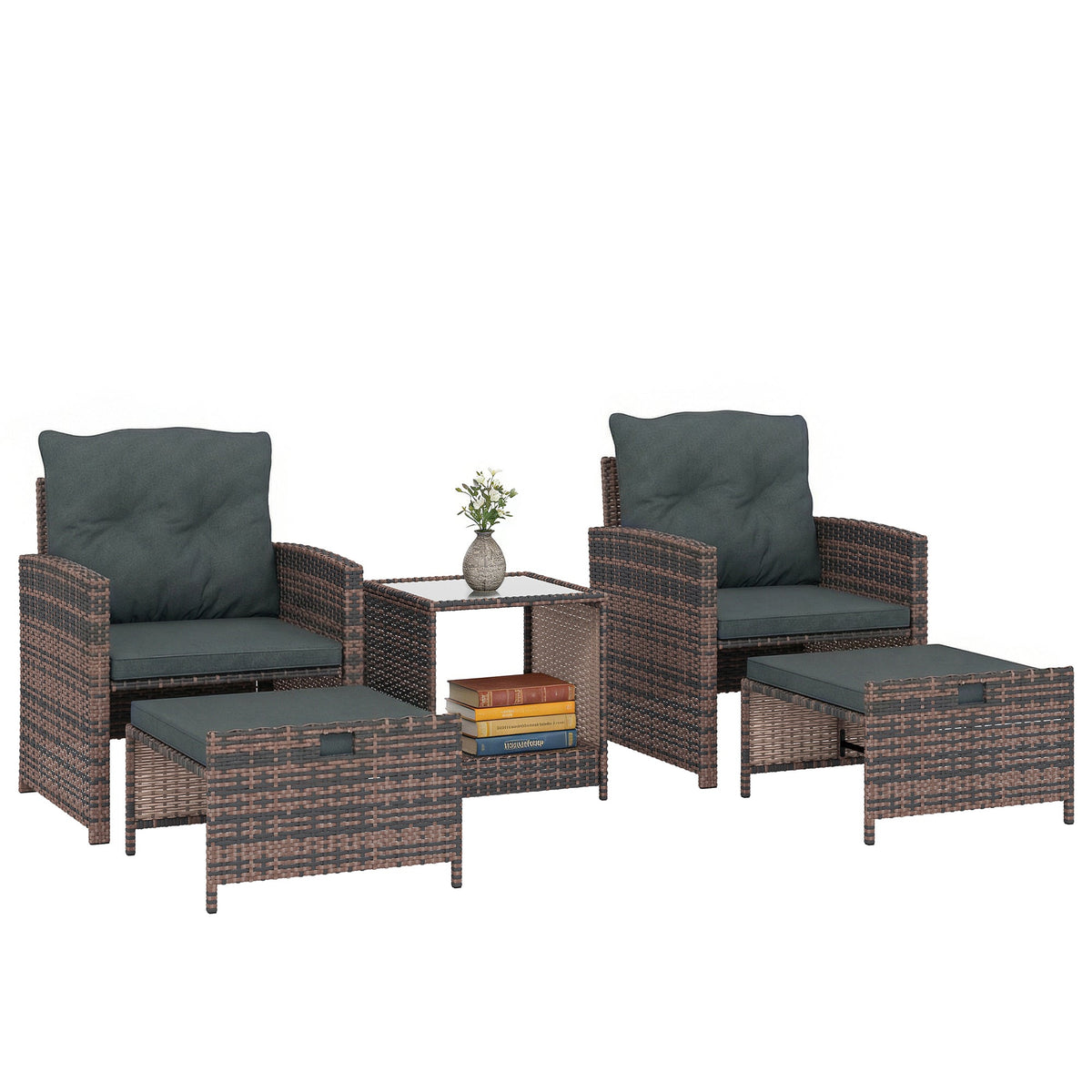 5-Piece Wicker Patio Set with Ottomans and 2-Tier Glass Table, Brown, Dark Grey