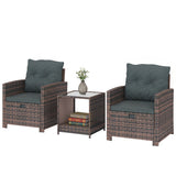 5-Piece Wicker Patio Set with Ottomans and 2-Tier Glass Table, Brown, Dark Grey