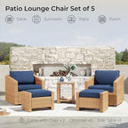 CHITA 5 Pieces Wicker Patio Furniture Set, Outdoor Conversation Set with 2 Pieces Rattan Swivel Chairs, 2 Pieces Ottomans, Thickened Cushions and Side Table