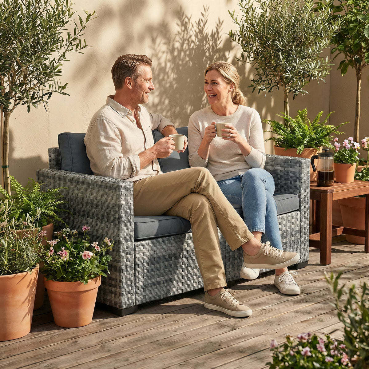 2 Seater Rattan Sofa with Deep Seat and Wide Armrests, Mixed Grey