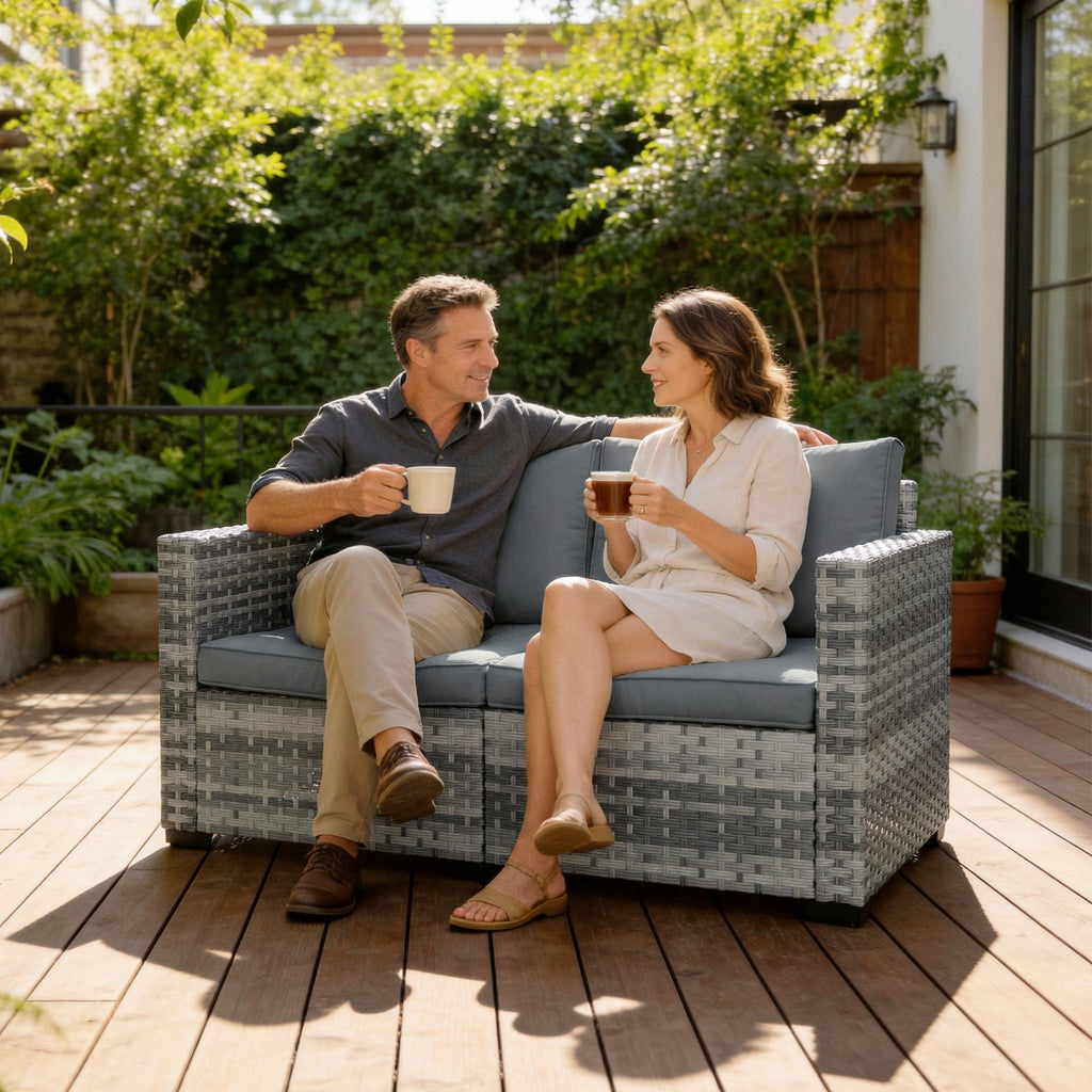 2 Seater Rattan Sofa with Deep Seat and Wide Armrests, Mixed Grey